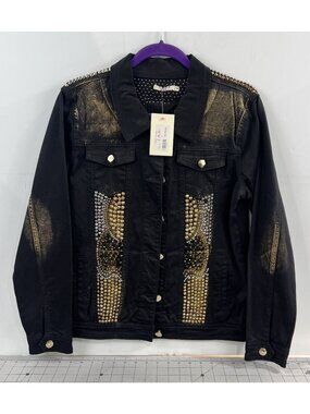 Luxe Moda Denim Jacket Gold & Silver Studded Women’s Sz. M New Distressed Look